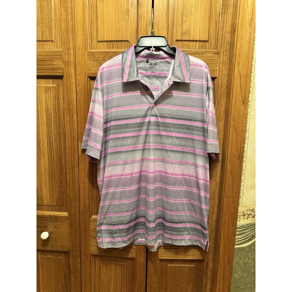 Adidas Men's Purple Pink Striped Climacool Golf Short Sleeve Polo Shirt Size L - Picture 2 of 7